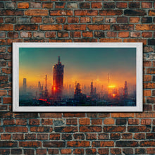 Load image into Gallery viewer, Cyberpunk city canvas art, video game concept art, living room wall art, dystopian art, outrun style city at sunset, man cave wall art
