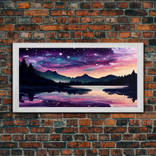 Carregar imagem no visualizador da galeria, Beautiful lake at night canvas print, purple and pink sunset night sky, wall art canvas, lake front view, guest room wall art
