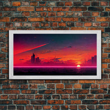 Load image into Gallery viewer, Cyberpunk lake art, city canvas, video game concept art, living room wall art, dystopian art, outrun city at sunset, man cave canvas print

