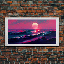Load image into Gallery viewer, Synth wave sunset, ocean painting canvas print, outrun style, sun set art, wall decor, Made in Texas, ocean sunset, beach vaporwave
