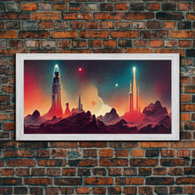 Carregar imagem no visualizador da galeria, Art deco style space canvas print, space ship art, space art, outrun style, sci-fi themed art print, science fiction, space exploration
