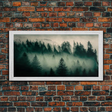 Load image into Gallery viewer, Framed Canvas Print, Pine Tree Forest, Misty Forest Landscape, Fog Covered Mountain, Nature Landscape Decor
