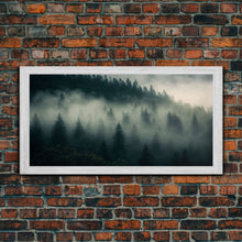 Carregar imagem no visualizador da galeria, Foggy pine forest, Canadian forest art, framed canvas print, farmhouse decor, misty forst landscape
