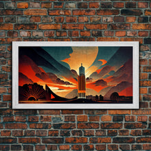 Cargar imagen en el visor de la galería, Dystopian metropolis canvas print, ready to hang wall art, art deco sunset, 1930s architecture, living room art, art nouveau
