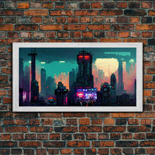 Load image into Gallery viewer, cyberpunk city pixel art canvas print, wall art, Bladerunner vibes art, synthwave style art, cool wall art
