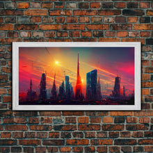 Load image into Gallery viewer, Dystopian Cyberpunk canvas print, cyber punk city at sunset, Bladerunner vibes art, synthwave style art, cool wall art, night city
