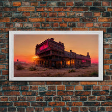 Load image into Gallery viewer, Abandoned wild west saloon at sunset canvas print, travel photography art, outrun sunset ready to hang wall art
