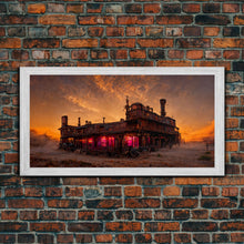 Load image into Gallery viewer, Dystopian steampunk wild west mashup, abandoned wild west saloon art, canvas print, ready to hang wall art
