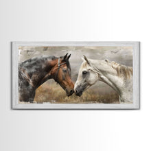 Cargar imagen en el visor de la galería, Black and White Horses, Framed Canvas Print for Elegant Living Room Decor, Equine Art for Home and Bedroom Decoration
