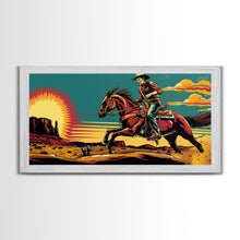 Load image into Gallery viewer, Cowboy Riding Through Desert, Southwestern Landscape Art, Framed Canvas Print, Boho Decor, Desert Art, Rustic Wall Art
