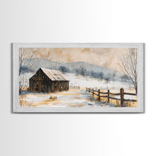 Load image into Gallery viewer, Snowy Barn in Winter Field, Framed Canvas Print, Rustic Wall Art, Living Room Decor, Farmhouse Style, Winter Landscape

