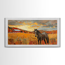 Carregar imagem no visualizador da galeria, Black Horse in Autumn Field with Red Barn, Perfect Farmhouse Art, Framed Canvas Print, Rustic Wall Decor, Living Room Decoration
