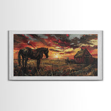 Load image into Gallery viewer, Dark Horse at Sunset with Barn, Stunning Abstract Art, Framed Canvas Print, Boho Wall Art, Bedroom Decor, Unique Home Decoration
