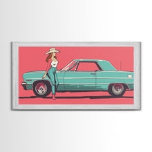 Load image into Gallery viewer, Cowgirl Leaning Against Classic Car in Pop Art Style, Vibrant Framed Canvas Print for Bedroom, Perfect Living Room Wall Art
