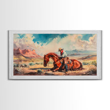 Load image into Gallery viewer, Cowboy Comforting Horse in Open Plains, Farmhouse Western Decor, Framed Canvas Print, Country Living Art, Rustic Wall Art for Home
