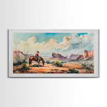 Load image into Gallery viewer, Cowboy Gazing Over Expansive Desert, Boho Western Landscape Art, Framed Canvas Print, Living Room Wall Decor, Rustic Country Style
