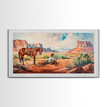 Load image into Gallery viewer, Cowboy Resting by Horse in Desert Scene, Rustic Farmhouse Art, Framed Canvas Print, Western Decor, Living Room Wall Art, Country Style
