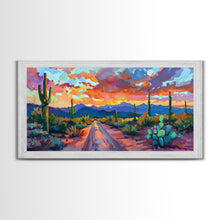 Carregar imagem no visualizador da galeria, Cacti and Mountains Under Sunset Sky, Vibrant Southwestern Landscape Art, Framed Canvas Print, Boho Living Room Decor, Desert Scene
