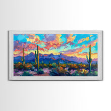 Load image into Gallery viewer, Expansive Desert Landscape at Sunset, Colorful Southwestern Art, Framed Canvas Print, Boho Living Room Wall Decor, Desert Scene
