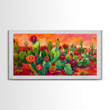 Load image into Gallery viewer, Bright Desert Flowers and Cacti with Mountains, Vibrant Framed Canvas Print for Home, Boho Wall Art, Nature Lover&#39;s Decor
