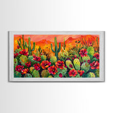 Cargar imagen en el visor de la galería, Colorful cactus garden in desert sunset, Framed Canvas Print, perfect for farmhouse living room, bohemian wall art
