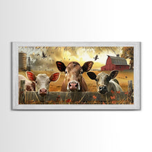 Carregar imagem no visualizador da galeria, Cute cows peeking through barn fence, Framed Canvas Print, ideal for farmhouse living room, country style wall art decor
