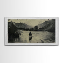 Load image into Gallery viewer, Cowboy Crossing River with Mountains, Framed Canvas Print for Western Living Room Decor, Ideal Bedroom Wall Art, Rustic Scene
