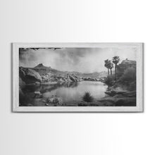 Load image into Gallery viewer, Peaceful Desert Oasis with Palm Trees, Framed Canvas Print for Living Room Decor, Ideal Bedroom Wall Art, Serene Western Scene
