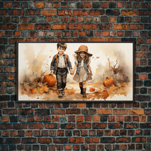 Load image into Gallery viewer, Boy And Girl Holding Hands, Fall Wall Decor, Canvas Print, Wall Hanging, Panoramic Art, Kids Wall Art, Nursery Wall Art, Gifts For Grandma

