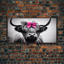 Cargar imagen en el visor de la galería, Cute Highland Cow wearing a Bow, Pink Bow on a Cute Cow, framed canvas print, black and white farmhouse cow art
