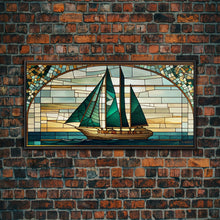 Load image into Gallery viewer, Emerald Green and Gold Art Deco Sail Boat, Framed Canvas Print, Retro MCM Style Wall Art, Midcentury Modern, Stained Glass, Huge Art

