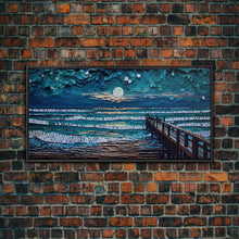 Carregar imagem no visualizador da galeria, Full Moon Over Beach &amp; Ocean Waves - Framed Canvas Print - Lighthouse and Beach Art - Lakehouse Art - Beach House - Living Room Decor
