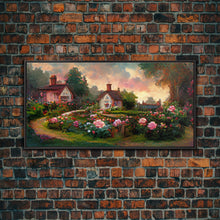 Load image into Gallery viewer, English cottage with rose garden, canvas print, cute English countryside wall art
