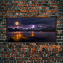 Carregar imagem no visualizador da galeria, Full moon canvas print, Lightning storm over a mountain lake at night, cool wall art, awesome wall art
