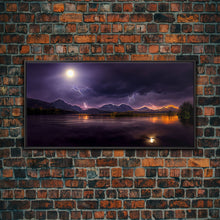 Carregar imagem no visualizador da galeria, Full moon canvas print, Lightning storm over a mountain lake at night, cool wall art, awesome wall art
