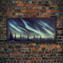 Cargar imagen en el visor de la galería, Aurora borealis over a snowy northern forest, canvas print, scenic winter landscape art, northern lights
