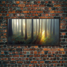 Load image into Gallery viewer, Canvas print of a forest floor at golden hour, watercolor painting print, cool living room or guest room wall art
