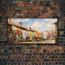 Load image into Gallery viewer, Watercolor Laundry In Village Wall Decor, Rural Wall Decor, Laundry Room, Panoramic Wall Decor, Canvas Print, Wall Art, Framed Canvas Art
