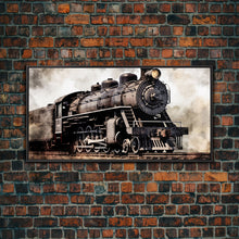 Load image into Gallery viewer, Black Steam Train Wall Art, Locomotive Wall Decor, Retro Train Wall Art, Panoramic Wall Decor, Canvas Print, Wall Art, Framed Canvas Art
