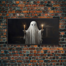 Cargar imagen en el visor de la galería, Cute Ghost Holding Candles, Framed Canvas Print, Dark Academia Wall Art, Victorian Oil Painting Style Halloween Wall Art, Ghost Print
