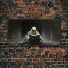 Load image into Gallery viewer, Grim Reaper Reading A Book In A Haunted Library, Framed Canvas Print, Victorian Oil Painting Style, Spooky Halloween Decor, Goth Art

