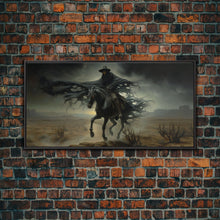 Load image into Gallery viewer, Ghost Cowboy Art, Framed Canvas Print, Halloween art, spooky decor, cowboy art, western decor, grim reaper on a horse in the desert
