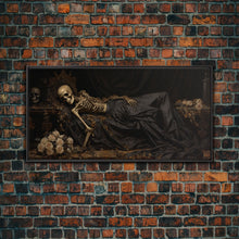 Load image into Gallery viewer, Eternal Slumber, Framed Canvas Print, Creepy Victorian Oil Painting, Halloween Art Prints, The Sleeping Skeleton Painting
