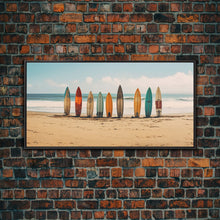 Carregar imagem no visualizador da galeria, Boho Beach Decor, Framed Canvas Print, Retro Surf Boards In The Sand, Living Room Decor, Gift For Him, Surfer Gift
