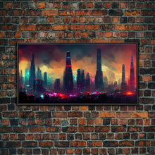 Load image into Gallery viewer, Dystopian Cyberpunk City, ready to hang canvas print wall art, framed canvas wall art, mancave wall art, Cyberpunk Art
