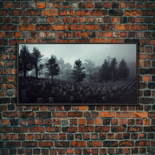 Load image into Gallery viewer, Creepy Haunted Cemetery, Spooky Halloween Art, Graveyard, ready to hang canvas print wall art, Black And White Art, Halloween Decor
