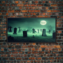 Carregar imagem no visualizador da galeria, Full Moon Over A Haunted Cemetery At Night, Spooky Creepy Graveyard, ready to hang canvas print wall art, Halloween Art
