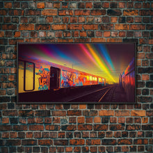 Load image into Gallery viewer, Box car graffiti art, wall decor, train box car, ready to hang canvas print wall art, rainbow train wall art
