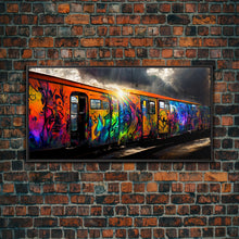 Load image into Gallery viewer, Box car graffiti art, wall decor, train box car, ready to hang canvas print wall art, rainbow train wall art
