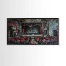 Load image into Gallery viewer, Creepy Abandoned Theater, Framed Canvas Print, Macabre Theatre, Dark Academia, Halloween Decor, Spooky Seasonal Wall Art
